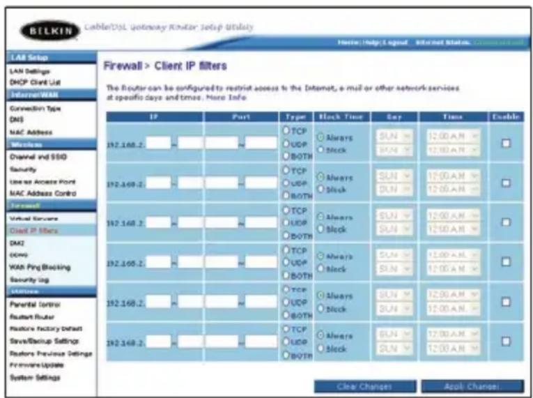 BELKIN F5D82304 - Définition de filtrés IP de clients - 1