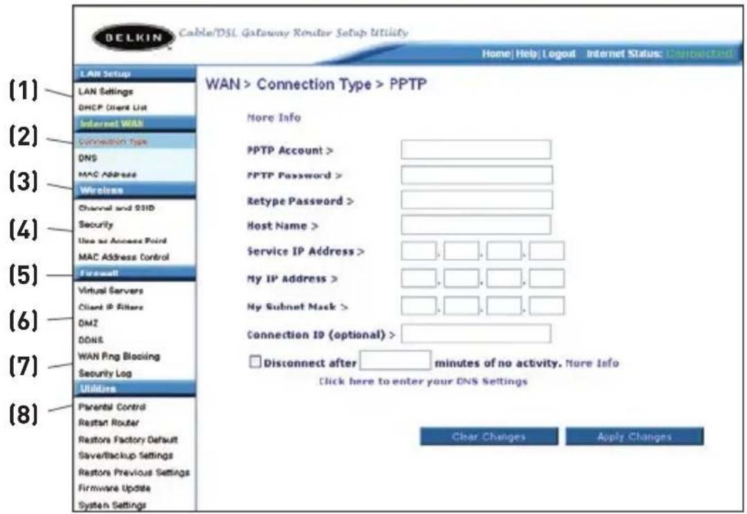 BELKIN F5D82304 - Définition du type de connexion du FAI à PPTP (Point-to-Point Tunneling Protocol) - 1