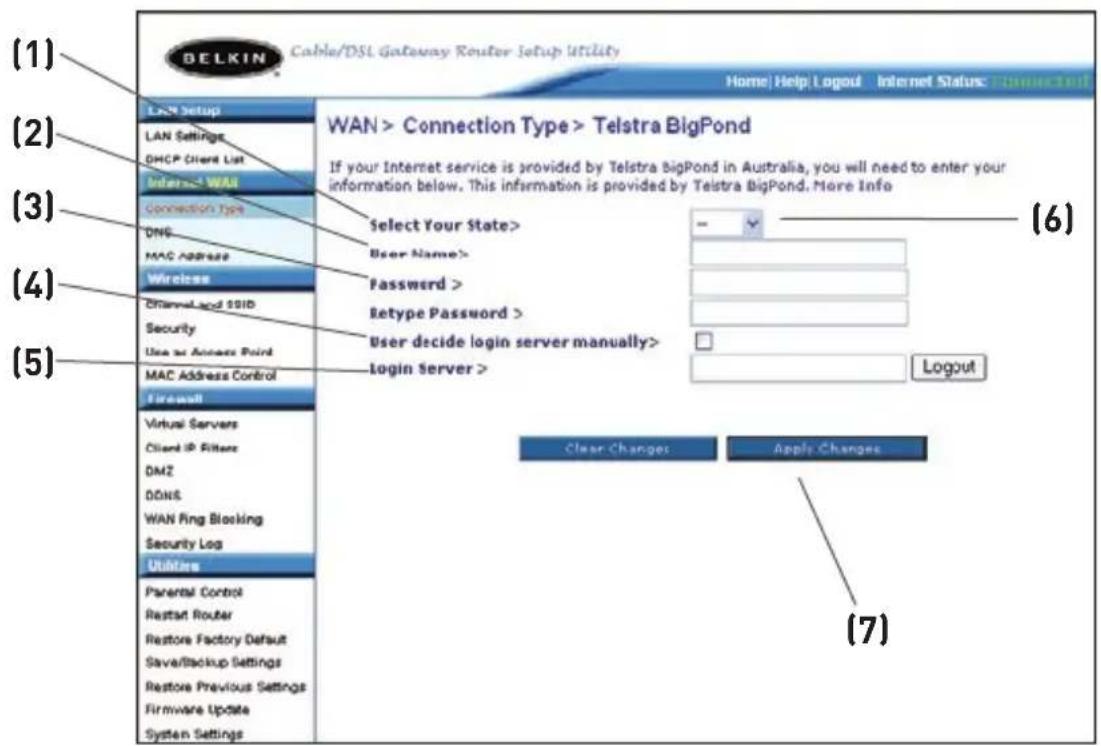BELKIN F5D82304 - Définition du type de connexion du FAI si vous étres utiliser de Telstra ® Big Pond - 1