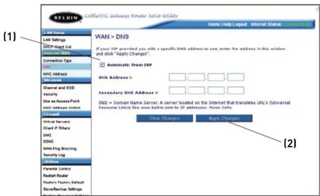 BELKIN F5D82304 - Définition des paramètres de serveur de nom de Domaine (DNS) - 1