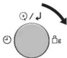 Diagram showing a circular object with clock, plus/minus symbols, and a directional arrow indicating rotation or change.