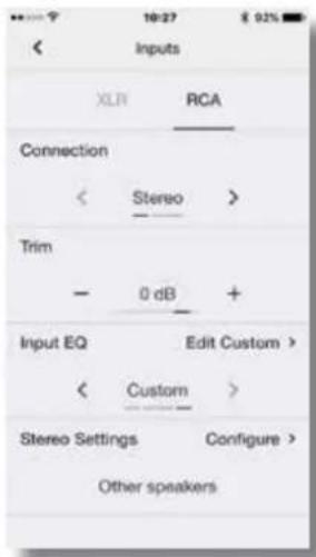10:27 € 02% Inputs XLR RCA Connection < Stereo > Trim - 0 dB + Input EQ Edit Custom > < Custom > Stereo Settings Configure > Other speakers