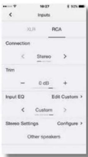 10:27 92% Inputs XLR PCA Connection < Stereo > Trim - 0 dB + Input EQ Edit Custom > < Custom > Stereo Settings Configure > Other speakers