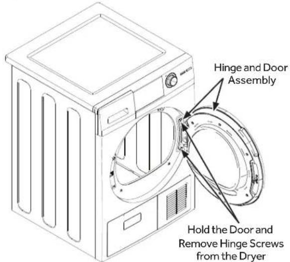 Hinge and Door Assembly Hold the Door and Remove Hinge Screws from the Dryer