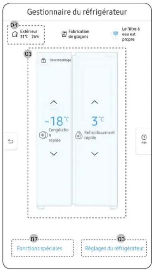 Gestionnaire du réfrigérateur 04 Exterieur 31°C 26% Fabrication de glaçons Le filtre à eau est propre 01 Déverrouillage -18°C Congélatlo n rapide 3°C Refrpidissement rapide 02 Fonctions spéciales 03 Réglages du réfrigérateur