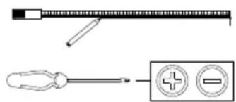 Diagram showing a tool interacting with a screwdriver and a circuit symbol with plus and minus signs