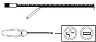 Diagram showing a tool interacting with a ruler and a battery, illustrating electrical or mechanical setup.