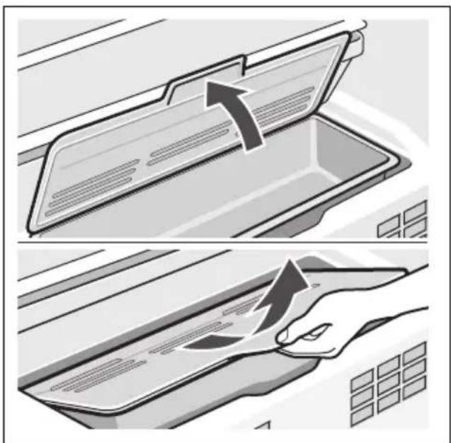 Diagram illustrating airflow or ventilation process with labeled arrows and text, showing top-down and side-view views of a device.