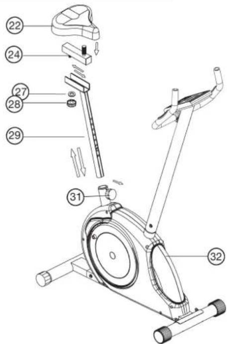 Christopeit EM 20 - Step 5: Installation of saddle (22) at saddle support (24) by using saddle slide (29). - 1