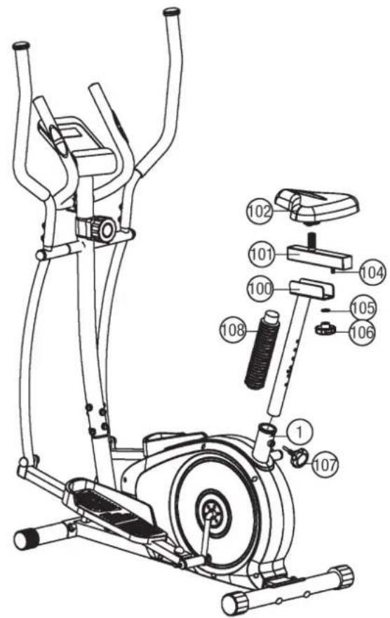 Christopeit CT 4 - Step 8: Attach the saddle (102) and saddle slide (101) at saddle support (100) and the saddle support (100) at main frame (1). - 1