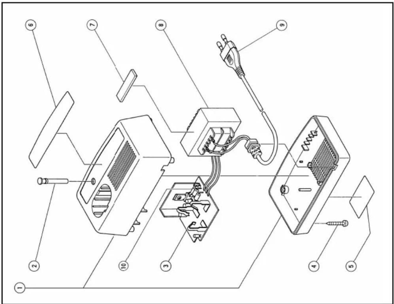 Exploded view diagram of an electronic device with numbered components for identification