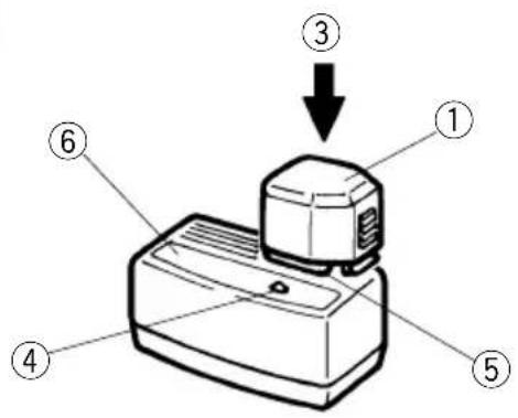 Diagram of a printer with numbered parts and directional arrow indicating assembly or operation