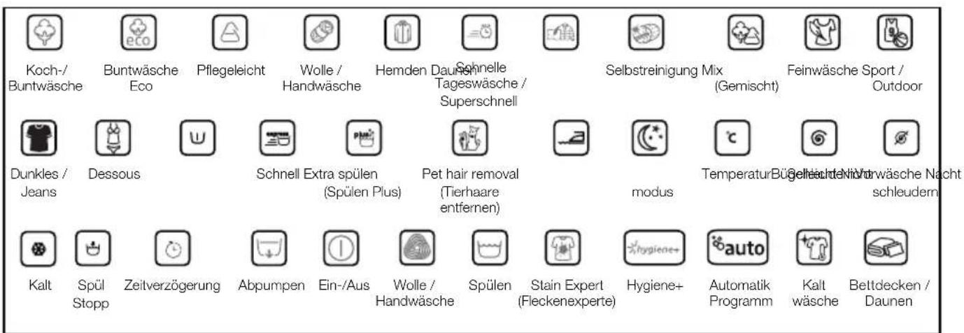 Koch-/Buntwäsche Buntwäsche Eco Pflegeleicht Wolle / Handwäsche Hemden Daun Schnelle Tageswäsche / Superschnell Selbstreinigung Mix (Gemischt) Feinwäsche Sport / Outdoor Dunkles / Jeans Dessous Schnell Extra spülen (Spülen Plus) Pet hair removal (Tierhaare entfernen) modus Temperatur Bügeläudte Nöhrwäsche Nacht schleudern Kalt Spül Stopp Zeitverzögerung Abpumpen Ein-/Aus Wolle / Handwäsche Spülen Stain Expert (Fleckenexperte) Hygiene+ Automatik Programm Kalt wäsche Bettdecken / Daunen