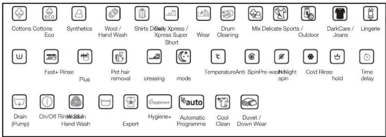 Cottons Cottons Eco Synthetics Wool / Hand Wash Shirts Daily Xpress / Xpress Super Short Wear Drum Cleaning Mix Delicate Sports / Outdoor DarkCare / Jeans Lingerie Fast+ Rinse Plus Pet hair removal creasing mode Temperature Anti Spin Pre-wash No Night spin Cold Rinse hold Time delay Drain (Pump) On/Off Rinse Hand Wash Expert Hygiene+ Automatic Programme Cool Clean Duvet / Down Wear
