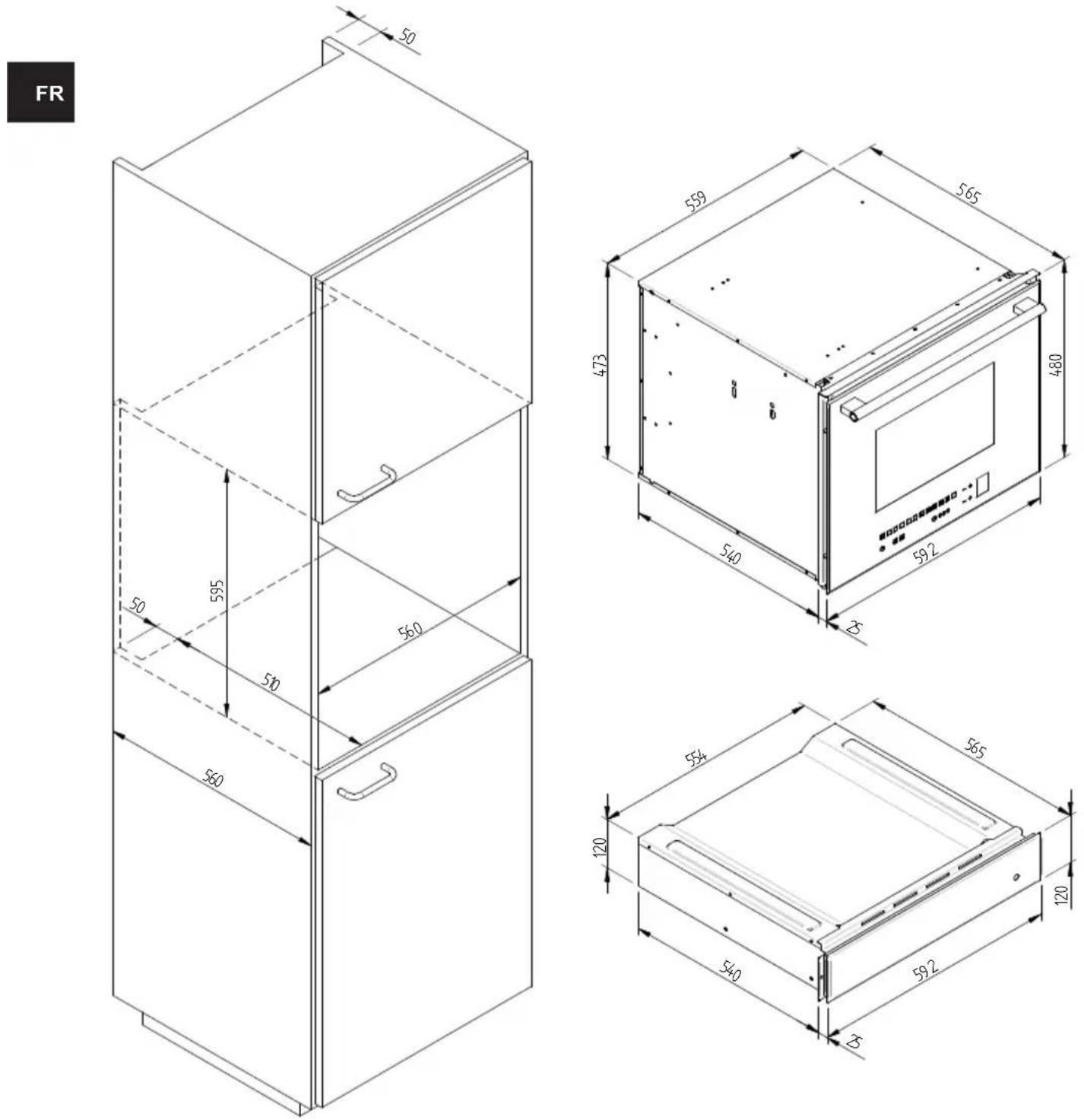 Fulgor Milano CWD 15 X - SCHÉMA DIMENSIONNEL DU TIROIR ENCASTRÉ 560 X 595 AVEC UN FOUR PAR 480 - 1