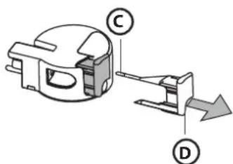 Technical diagram of a mechanical component with labeled parts C, D, and an arrow indicating direction or force.
