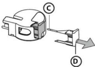 Technical diagram of a mechanical component with labeled parts C, D, and an arrow indicating direction or flow.