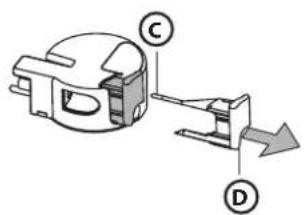 Technical diagram of a mechanical component with labeled parts C, D, and an arrow indicating direction or force.