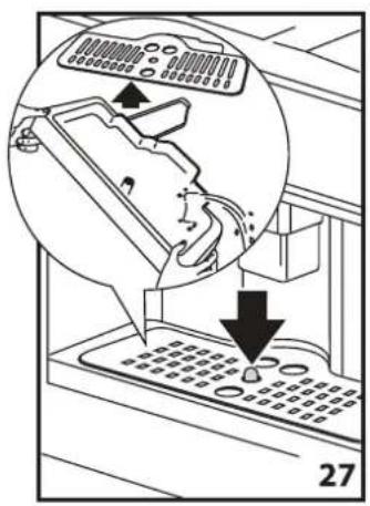 Diagram showing a mechanical device with labeled parts and directional arrows, including a magnified inset of the component.