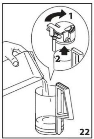 Diagram illustrating a mechanical process with labeled steps 1 and 2, showing a hand pouring liquid into a container.