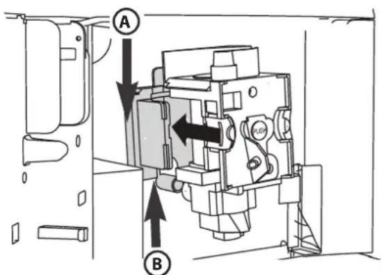 Technical diagram of a mechanical assembly with labeled components A and B, showing directional arrows indicating movement or flow.
