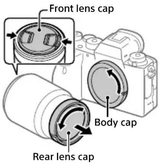 SONY Alpha A9 II - Remove the body cap from the camera and the rear lens cap from the rear of the lens. - 1