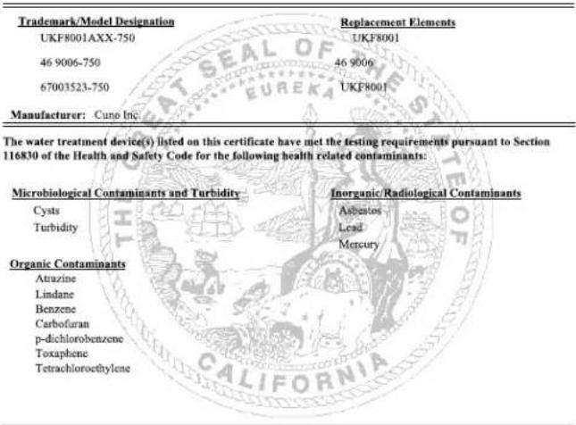 WHIRLPOOL WRB329DMBM - WATER FILTER CERTIFICATIONS - 1