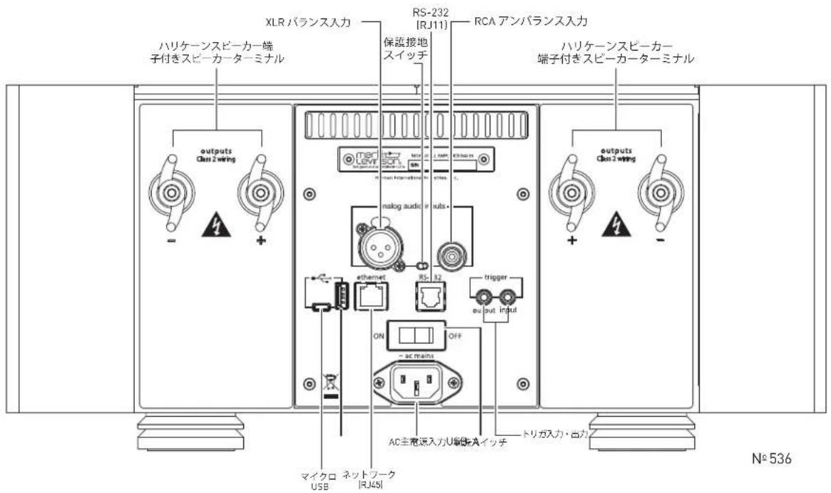 XLRバランス入力 RS-232 [RJ11] RCA アンバランス入力 ハリケーンスピーカー端子付きスピーカーターミナル 保護接地スイッチ ハリケーンスピーカー端子付きスピーカーターミナル outputs Class 2 wiring - + - nalog audio ruls - ethernet RS 52 trigger output input ON OFF AC主電源入力USBを入ッチ マイクロ ネットワーク USB AC主電源入力USBを入ッチ トリガ入力・古力 N°536