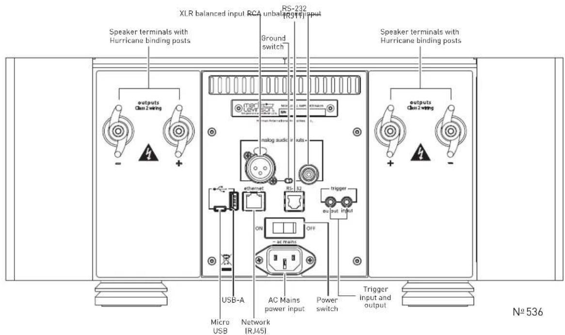 XLR balanced input PCA unbalanced input RS-232 Ground switch Speaker terminals with Hurricane binding posts Output Class 2 wiring + - Output Class 2 wiring + - Output Class 2 wiring + - Micro USB Network IRJ45I USB-A AC Mains power input Power switch Trigger input and output Speaker terminals with Hurricane binding posts N° 536