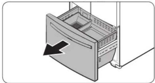 Diagram of a refrigerator interior showing the door, drawer, and side arm (no text or symbols)