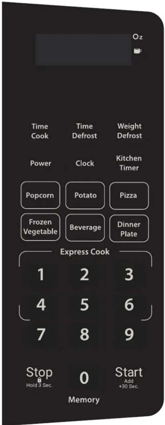 Oz Time Cook Time Defrost Weight Defrost Power Clock Kitchen Timer Popcorn Potato Pizza Frozen Vegetable Beverage Dinner Plate Express Cook 1 2 3 4 5 6 7 8 9 Stop Hold 3 Sec. 0 Start Add +30 Sec. Memory