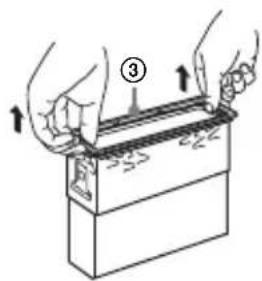 Diagram showing hands installing a component labeled with number ③, likely illustrating a mechanical or electrical assembly.