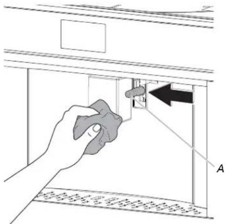 Diagram showing a hand holding a tool inside a device with an arrow pointing to a component, labeled 'A' at the bottom.