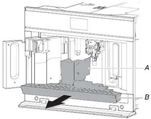 Technical diagram of a mechanical assembly with labeled components A and B, showing internal components and directional arrow.