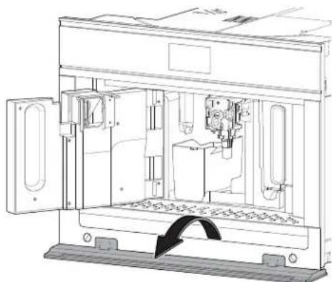 Technical line drawing of an open industrial machine with internal components and a curved arrow indicating motion (no text or symbols)