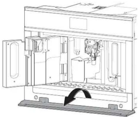 Technical line drawing of a mechanical device interior showing internal components and a directional arrow (no text or symbols)