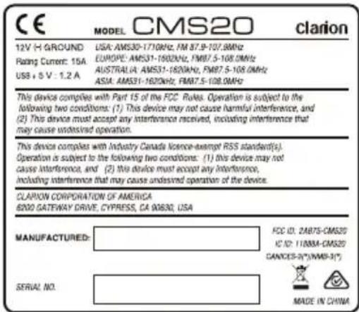 CLARION CMS20 - Note: - 1