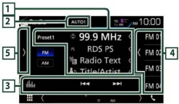 1 2 AUTO1 10:00 Preset1 99.9 MHz RDS PS FM PS AM Radio Text Title/Artist 5 4 3 ST ROS