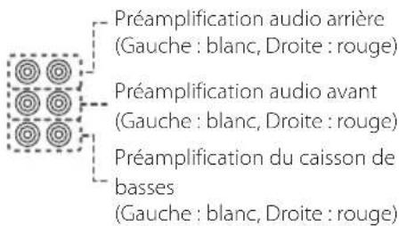 Préamplification audio arrière (Gauche : blanc, Droite : rouge) Préamplification audio avant (Gauche : blanc, Droite : rouge) Préamplification du caisson de basses (Gauche : blanc, Droite : rouge)