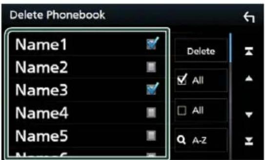 Delete Phonebook Name1 Name2 Name3 Name4 Name5 Name6 Delete All All A-Z
