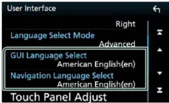 User Interface Right Language Select Mode Advanced GUI Language Select American English(en) Navigation Language Select American English(en) Touch Panel Adjust