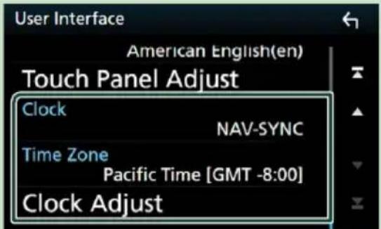User Interface American English(en) Touch Panel Adjust Clock NAV-SYNC Time Zone Pacific Time [GMT -8:00] Clock Adjust