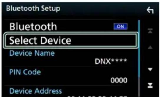 Bluetooth Setup Bluetooth ON Select Device Device Name DNX**** PIN Code 0000 Device Address