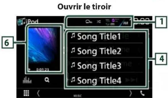 Ouvrir le tiroir iPod Song Title1 Song Title2 Song Title3 Song Title4 1 6 4 MUSIC