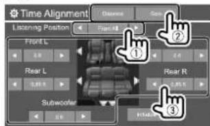 KENWOOD DDX276BT - Selectionnez la position d'écoute (1), selectionnez [Distance] ou [Gain] (2) pour réaliser un ajustement, puis ajustez chaque réglage d'enceinte (3). - 1