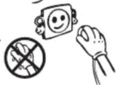 Safety warning illustration showing a hand holding a smiling face next to a prohibition symbol and a crossed-out hand.