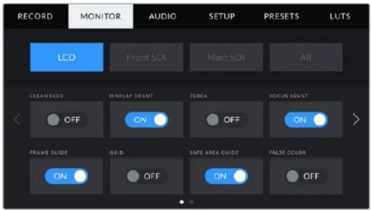 Blackmagic Design URSA Mini Pro 12K - Paramètres LCD, front SDI et main SDI de l'onglet monitor 1 - 1