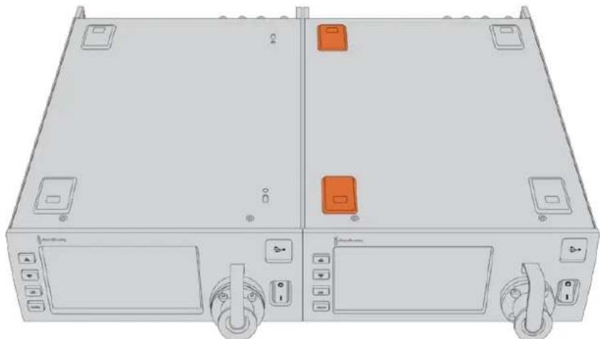 Blackmagic Design URSA Mini Pro 12K - Préparer deux blackmagic studio fiber converters pour l'installation côte à côte dans un rack : - 1
