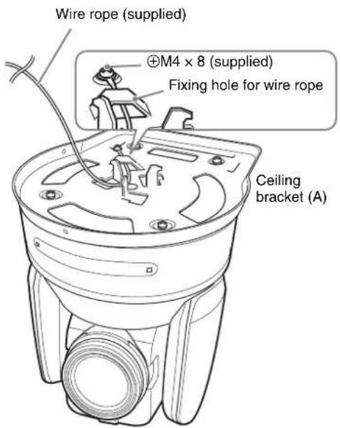 SONY BRCH900 - Attach the supplied wire rope to the ceiling bracket (A). - 1