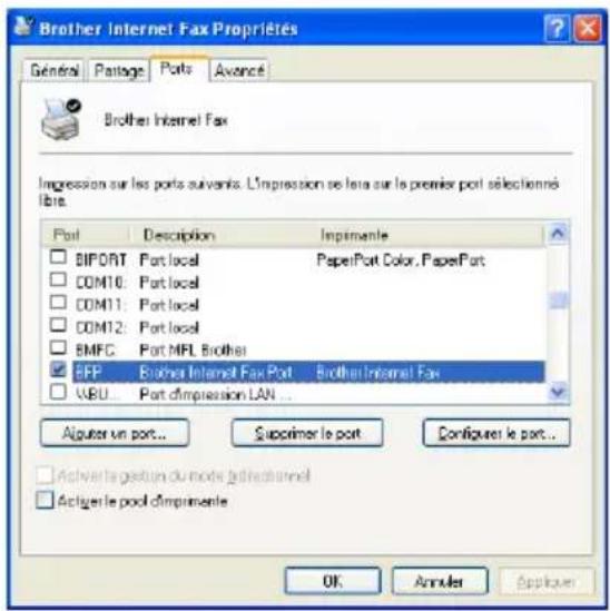 Brother Internet Fax Propriétés Général Passage Ports Avanceé Brother Internet Fax Impression sur les ports suivants. L'impression se lata sur le premier port sélectionné libre. Port Description Impérimente BIPORT Port local PaperPort Color, PaperPort COM10: Port local COM11: Port local COM12: Port local BMFC Port MPL Brother EFP Brother Internet Fax Port Brother Internet Fax WBU: Port dimpression LAN... Algiver un port... Supprimer le port Configurer le port... Activer la gestion du mote direct channel Actiger le pool dimprimente OK Annuler Apply